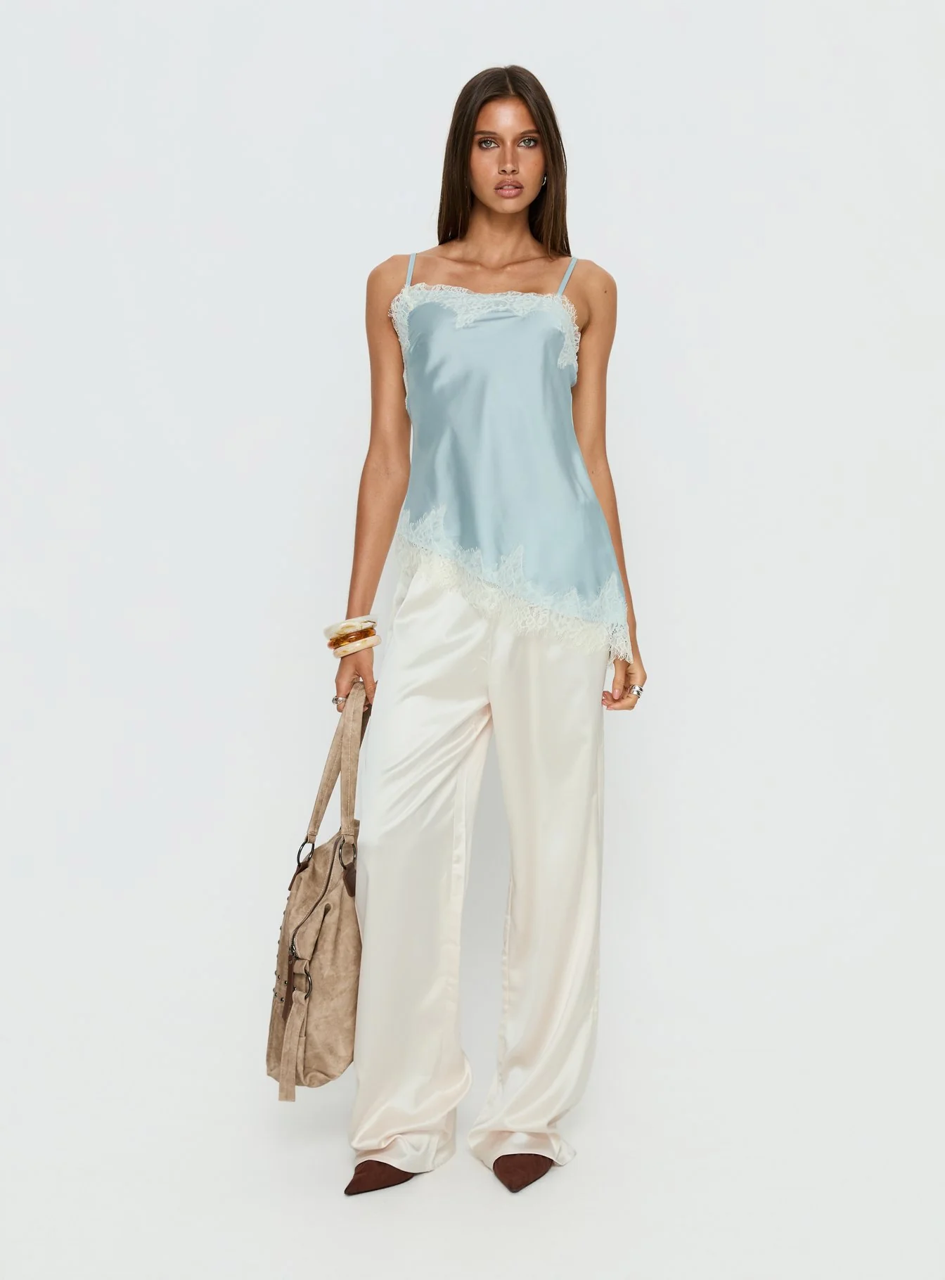 Winta Lace Trim Asymmetrical Satin Top Blue