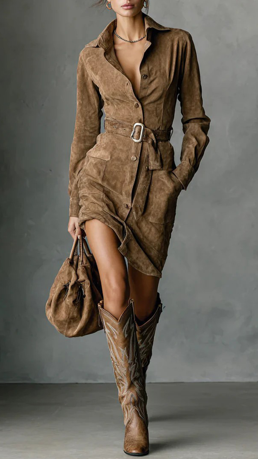 Women's Cotton‑blend Lapel Long‑sleeve Waist‑belted Irregular Mini Dress - Nordfashionstorm - Women's Clothing, Fashion for You - Nordfashionstorm.com