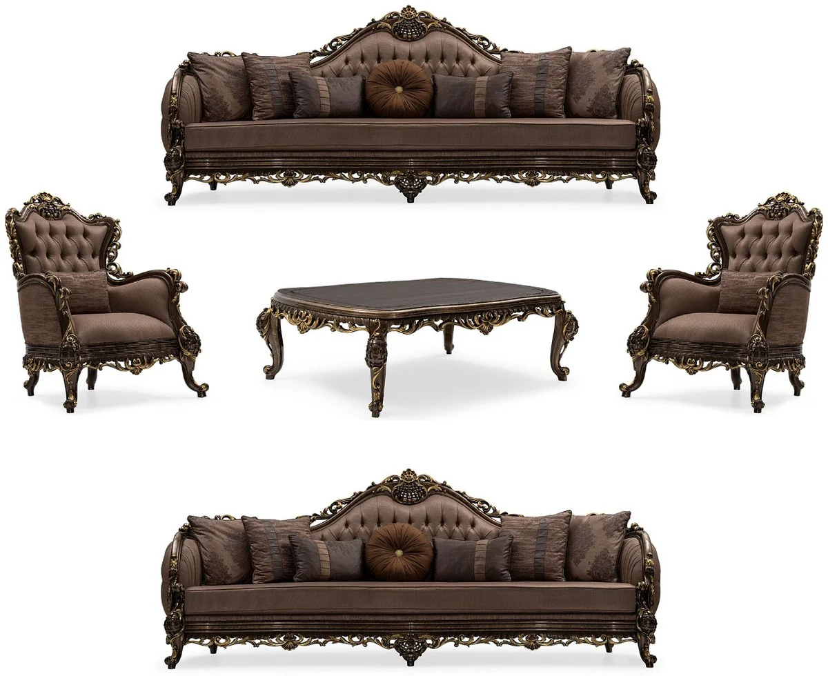Luxury Baroque Living Room Set Gray / Brown / Gold - 2 Baroque Sofas & 2 Baroque Armchairs & 1 Baroque Coffee Table - Luxury Living Room Furniture in Baroque Style - Baroque Furniture - Noble & Magnificent