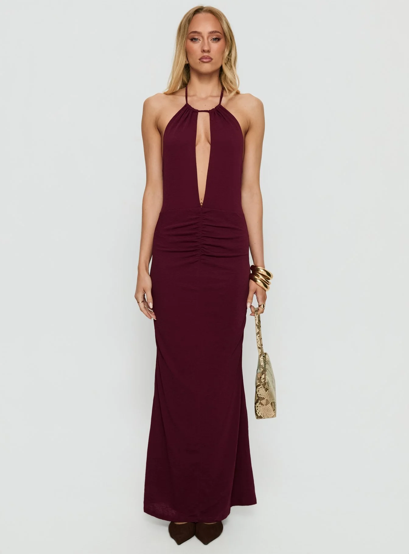 Lyssa Halter Plunge Maxi Dress Plum