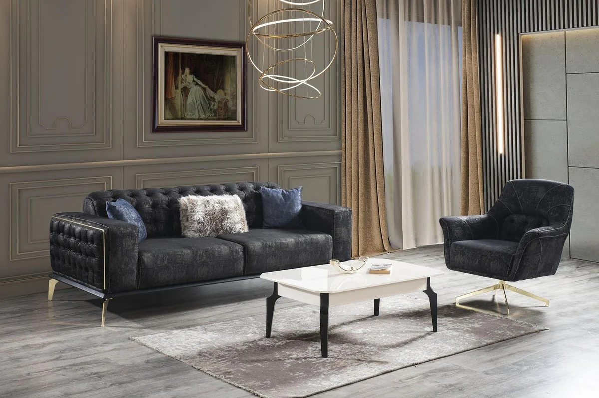 Luxury Art Deco Chesterfield sofa black / gray / brass 236 x 99 x H. 86 cm - Elegant living room sofa with decorative cushions - Luxury quality