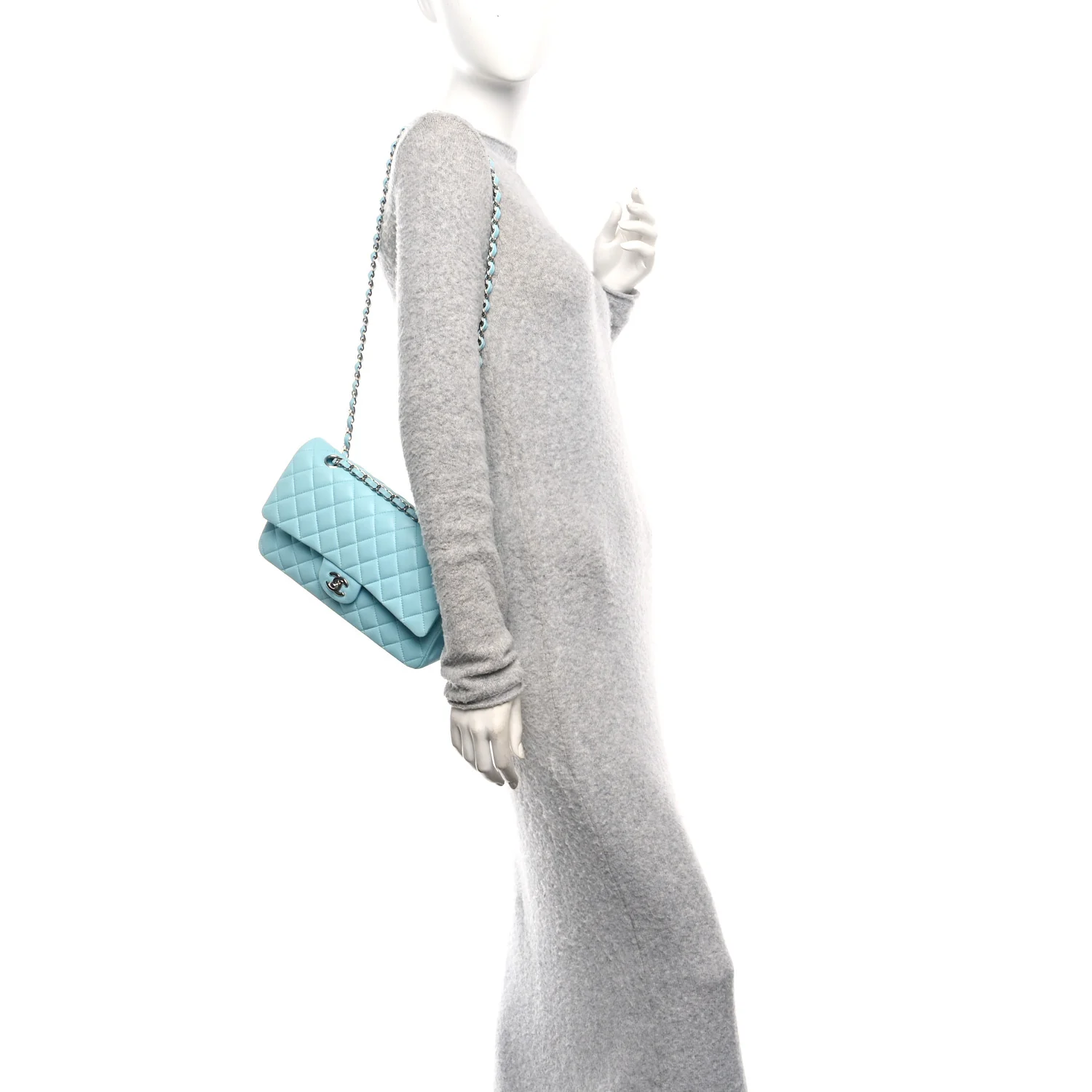 Lambskin Quilted Medium Double Flap Light Blue