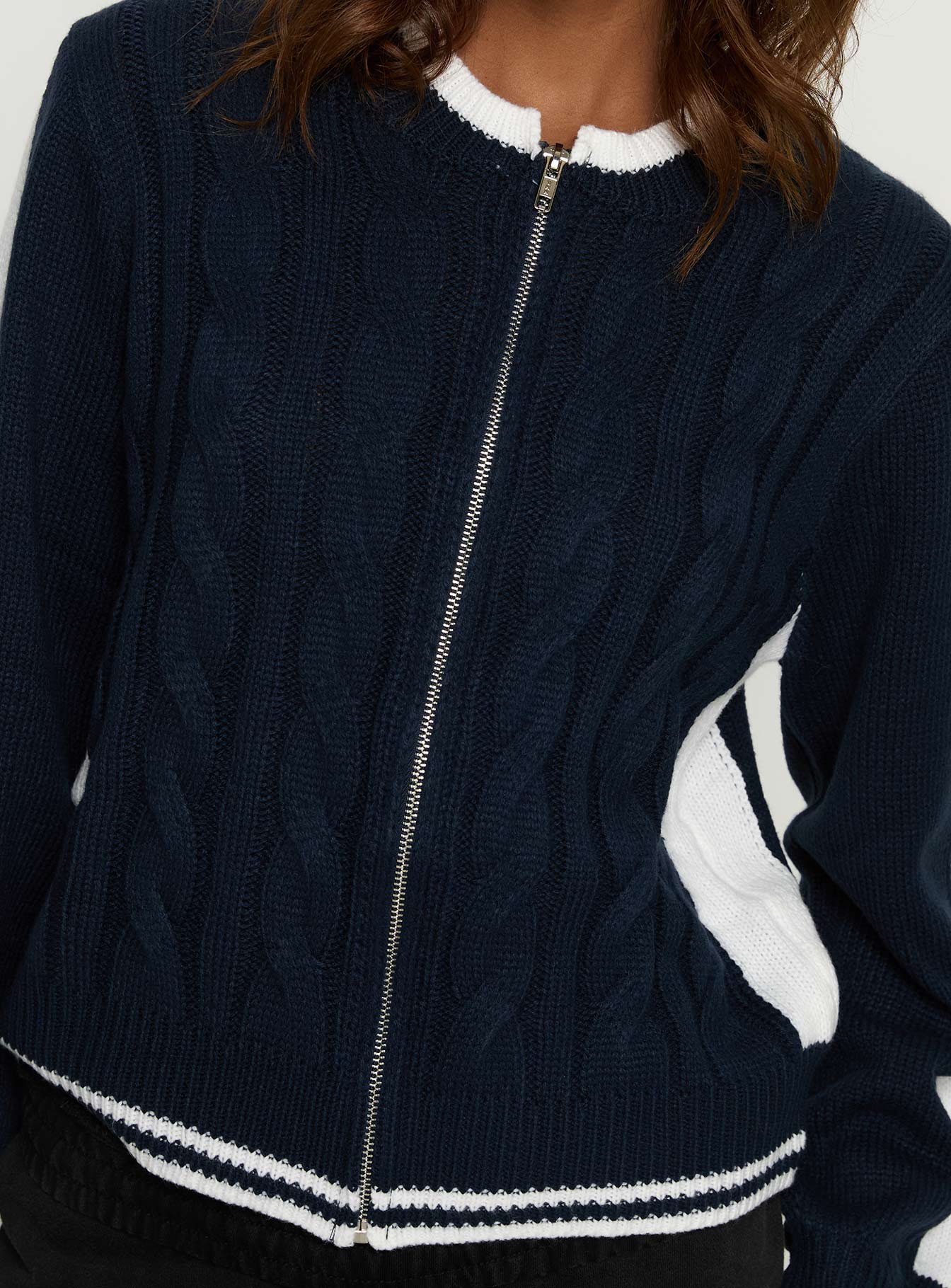 Tevyn Cable Knit Zip Through Knit Sweater Blue / Cream