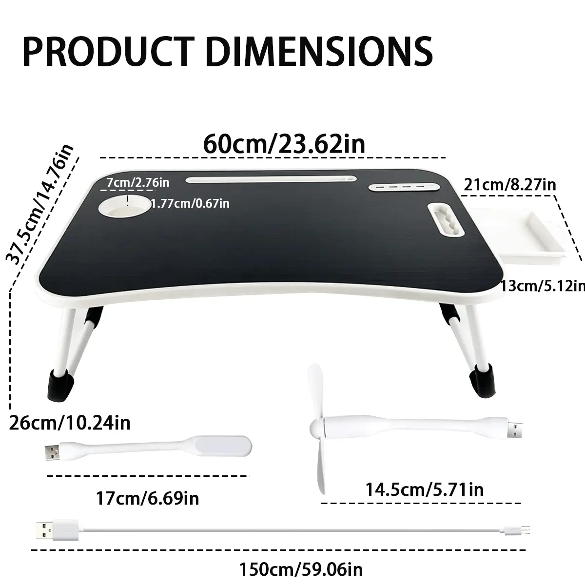 Oversized Foldable Wooden Lap Desk - Home Office Furniture, Ergonomic Adjustable Tiltable Portable Desk for Bedroom, with Cup Holder, Drawer, USB Fan, Light for Bed, Sofa Use, Ergonomic Office