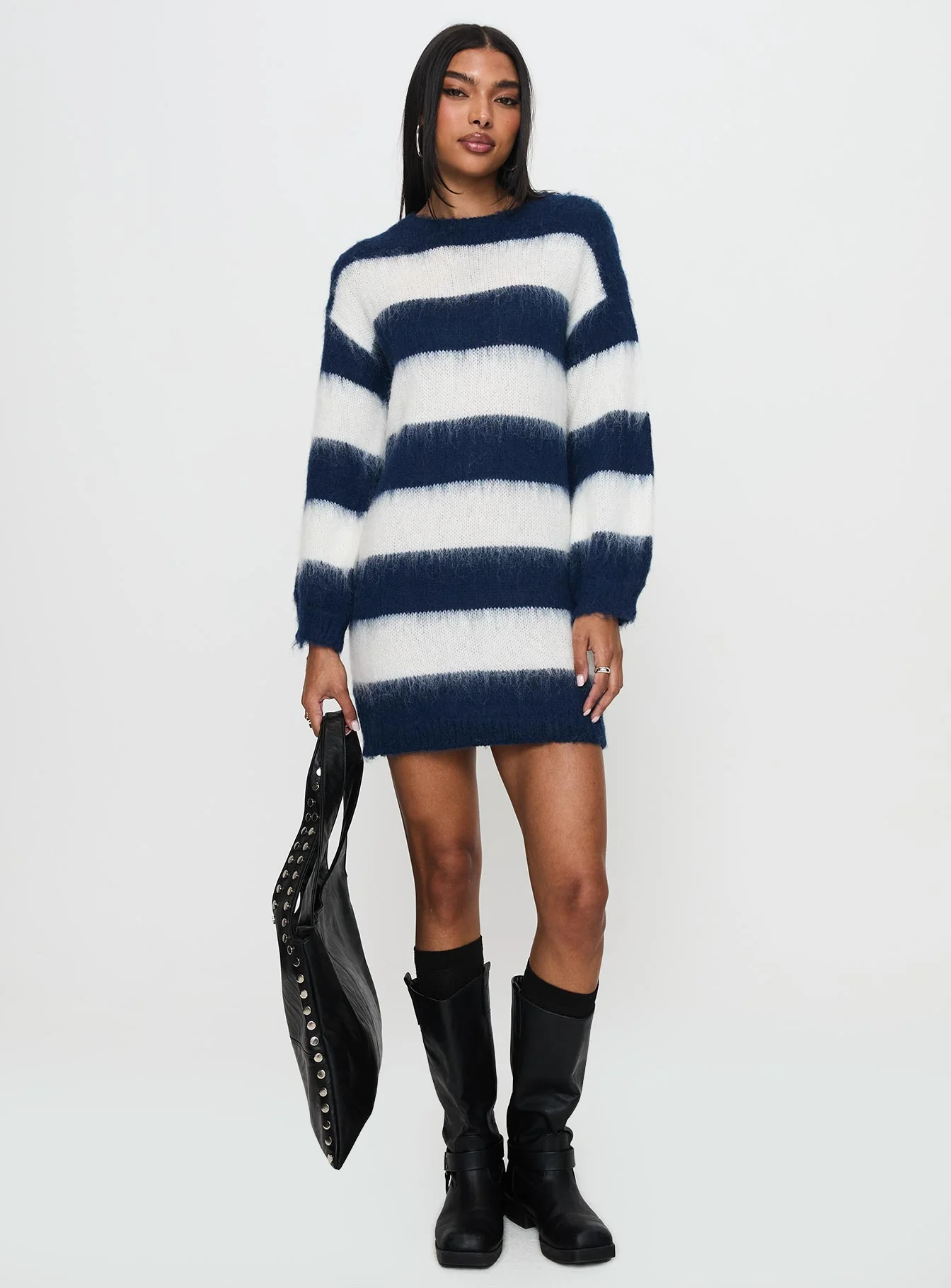 Iryna Long Sleeve Knit Mini Dress Navy / White Stripe