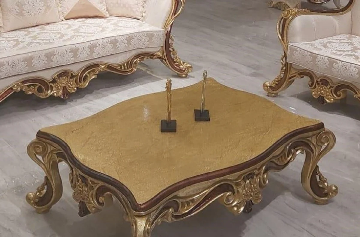 Luxury Baroque Coffee Table Gold / Brown - Elegant Solid Wood Living Room Table in Baroque Style - Baroque Living Room Furniture - Noble & Magnificent