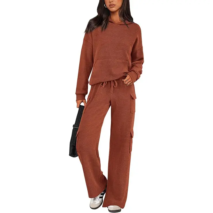 PRETTYGARDEN Women's Navy Blue 2-Piece Knitted Sets Hoodie & Wide Leg Pants with Pockets Drawstring Long Sleeve Loungewear Tracksuits Basic Fitted Clothes
