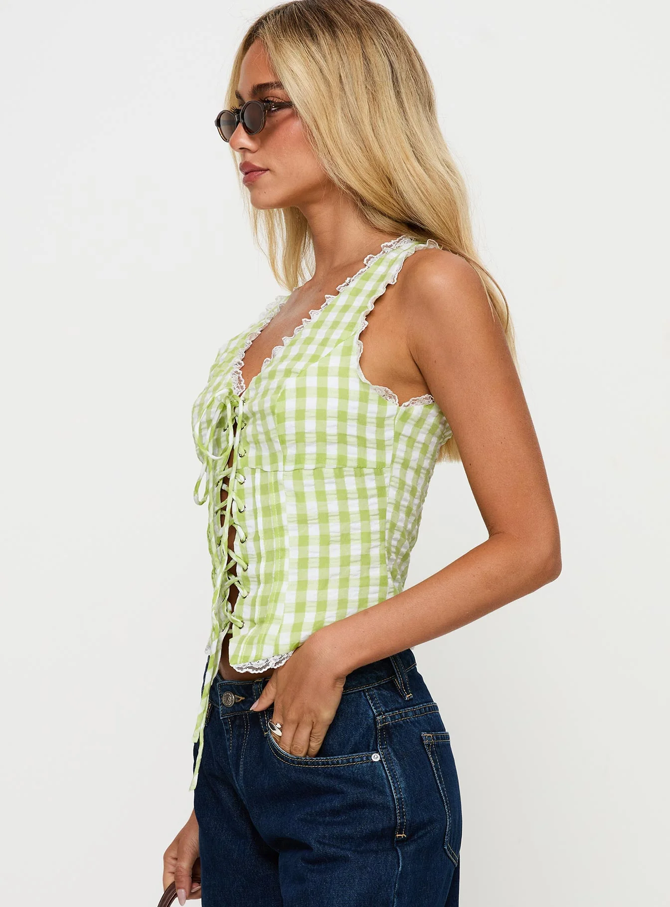 Wayland Tie Up Lace Trim Top Green Check