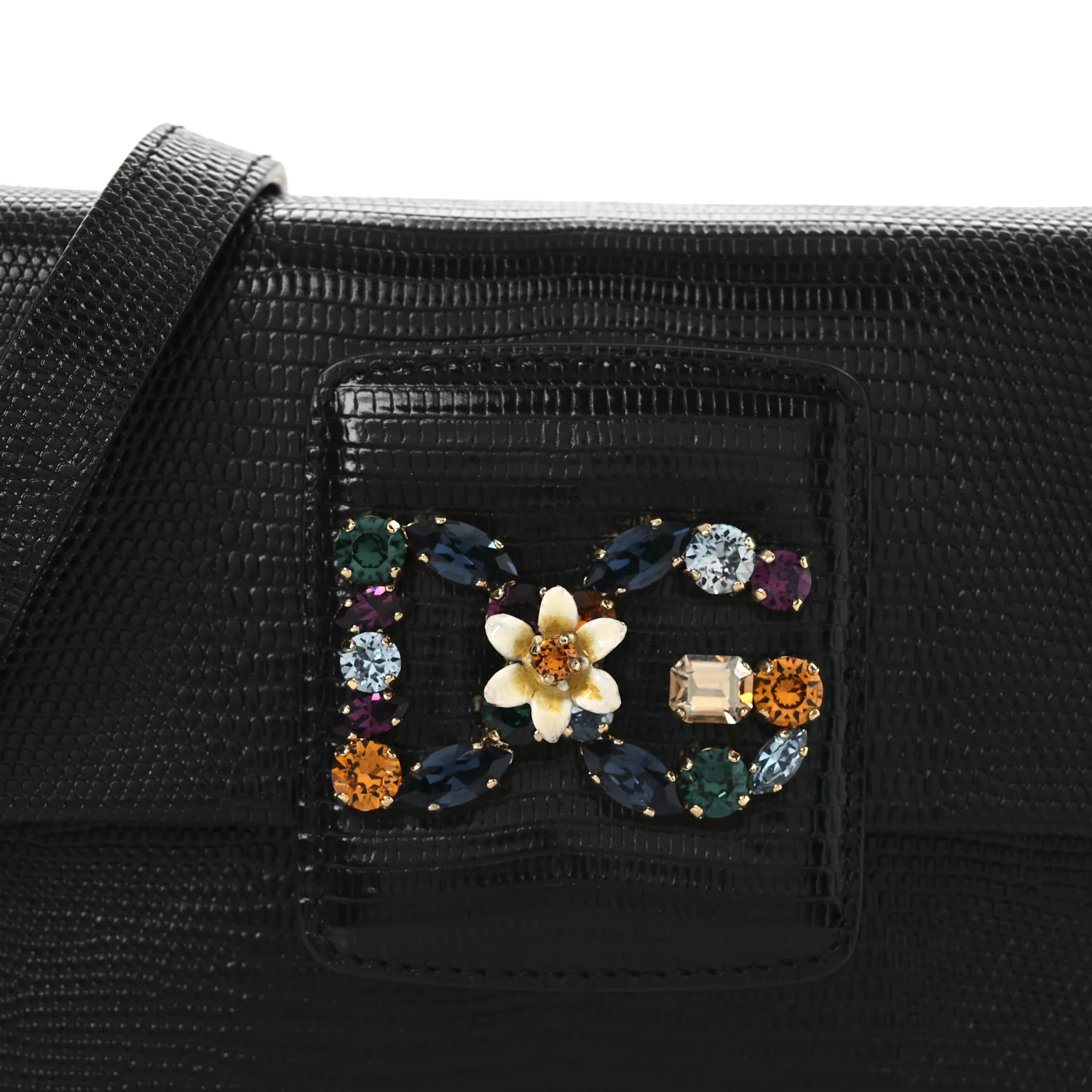 Lizard Embossed Crystal Embellished DG Millennials Mini Crossbody Bag Black - Top Club
