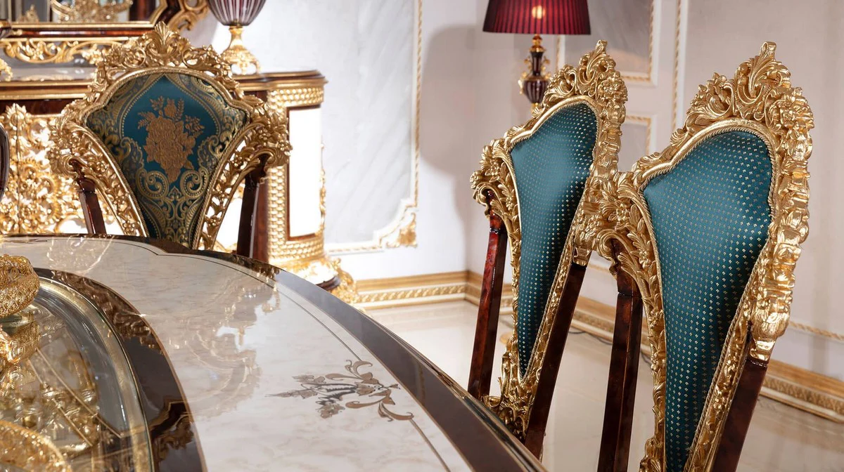 Luxury Baroque Dining Room Set White / Brown / Blue / Gold - 1 Baroque Dining Table & 6 Baroque Dining Chairs - Baroque Dining Room Furniture - Noble & Magnificent