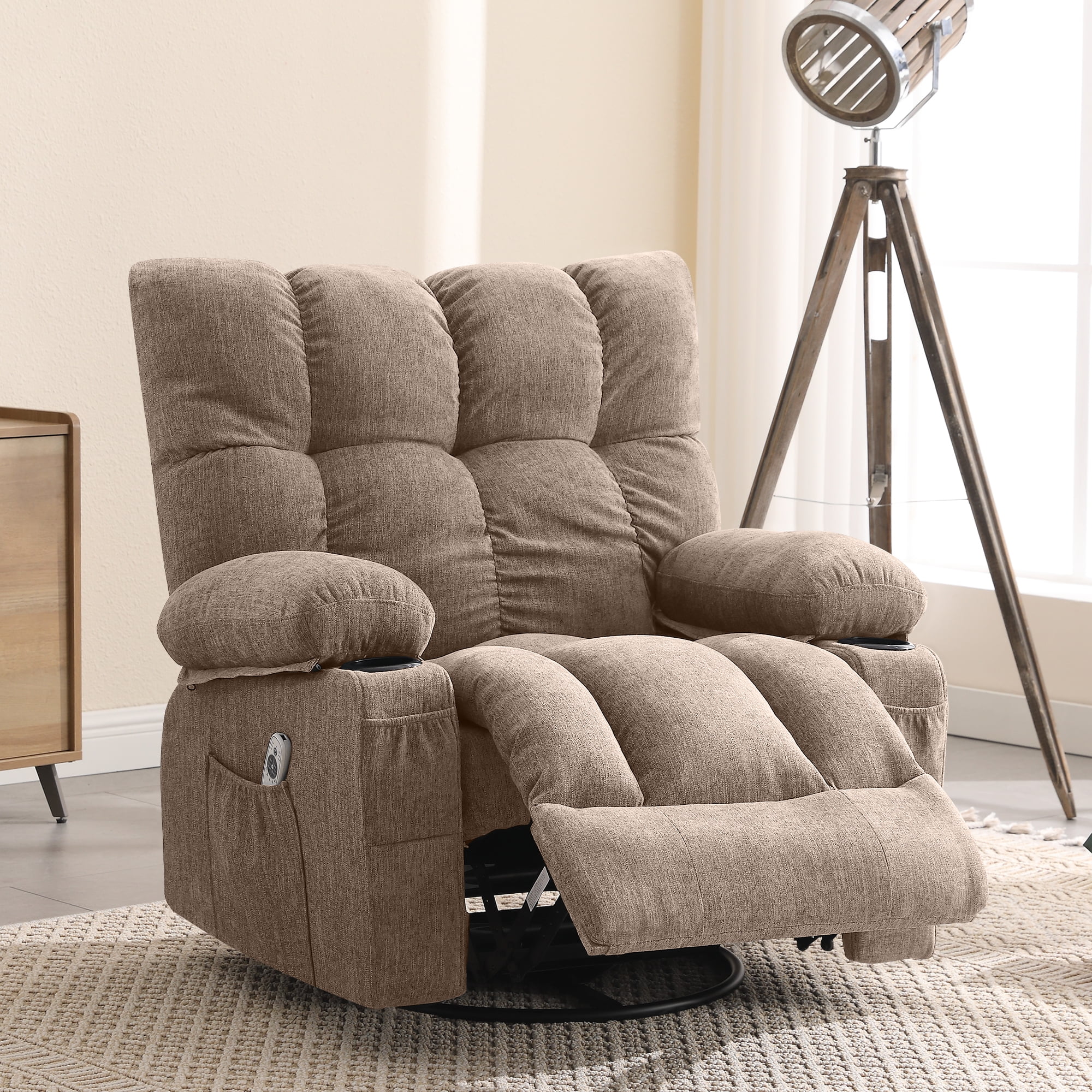 JONPONY Manual Recliner Chair with Heat Therapy and Massage Function, Heavy Duty Reclining Mechanism Massage Chair, Elderly Single Rocker Sofa with Cup Holders for Bedroom Home Theater, Grey
