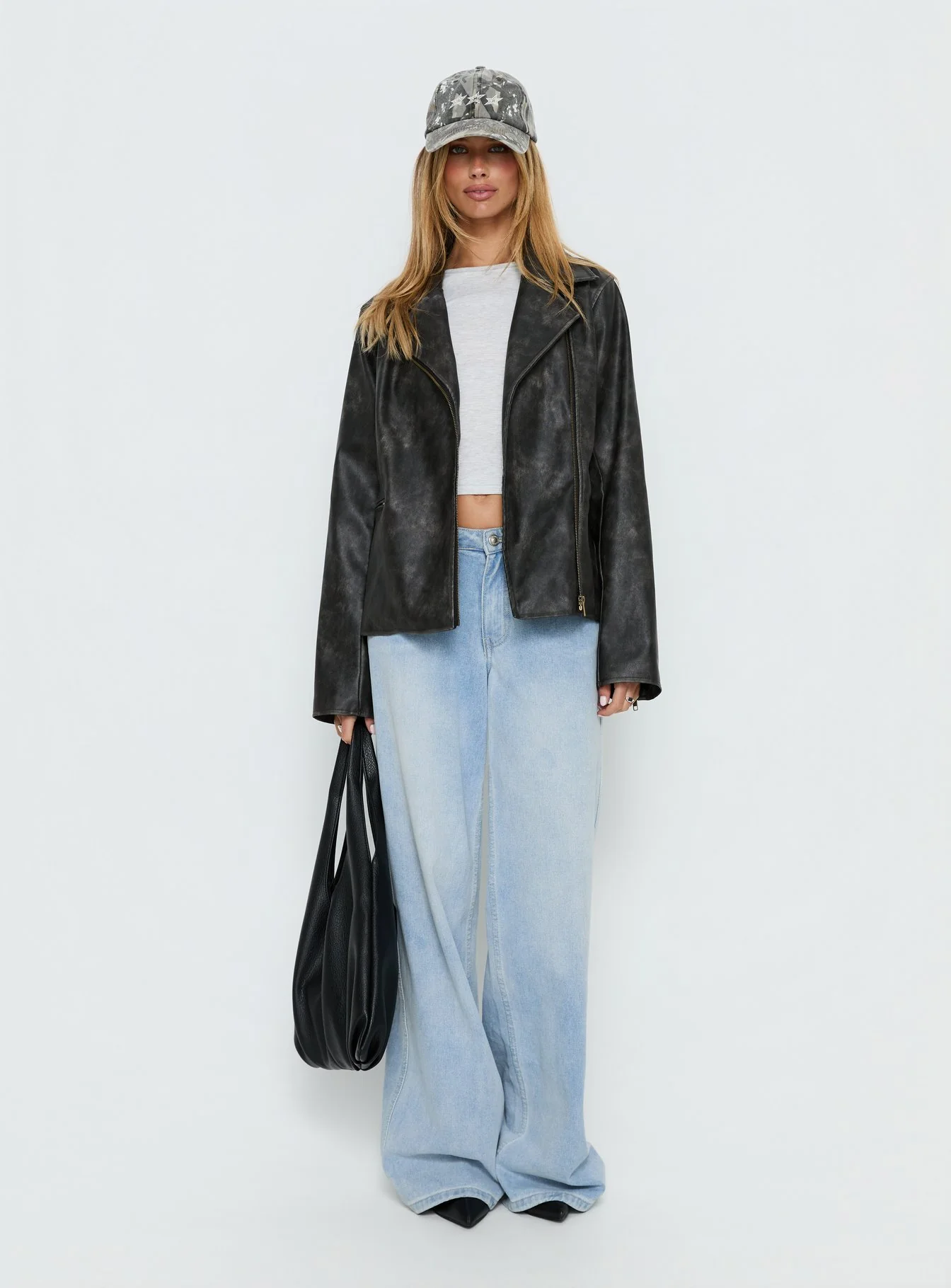 Vyolette Faux Leather Collared Jacket Washed Black