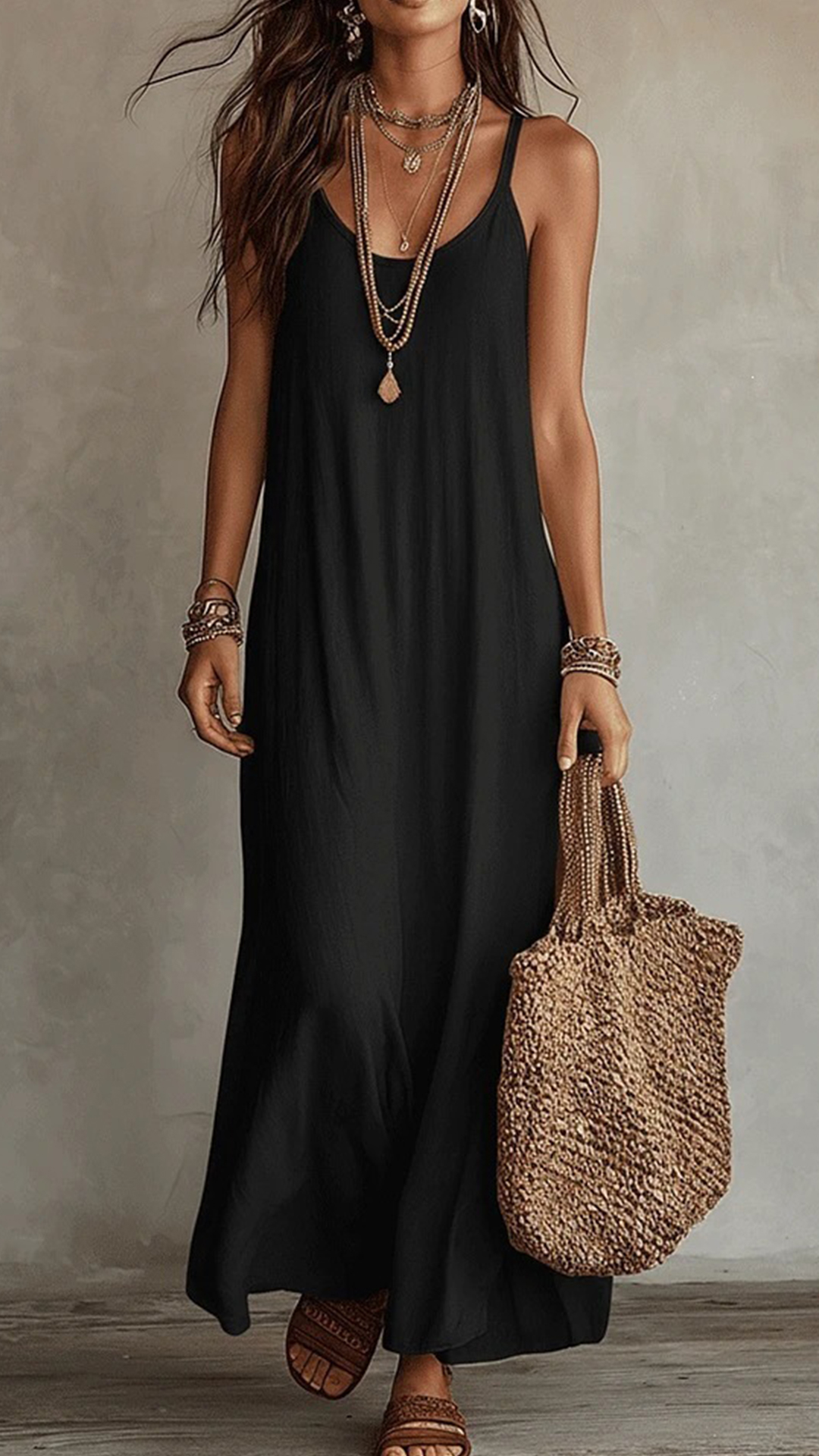 Women's Cotton‑blend Thin‑Strap U‑Neck Loose Maxi Dress - Nordfashionstorm - Women's Clothing, Fashion for You - Nordfashionstorm.com
