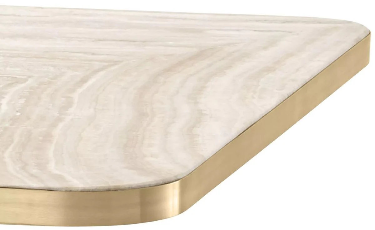Luxury dining table beige / brass / black 75 x 75 x H. 75.5 cm - Square kitchen table with travertine table top - Dining room furniture - Luxury furniture - Luxury furnishings