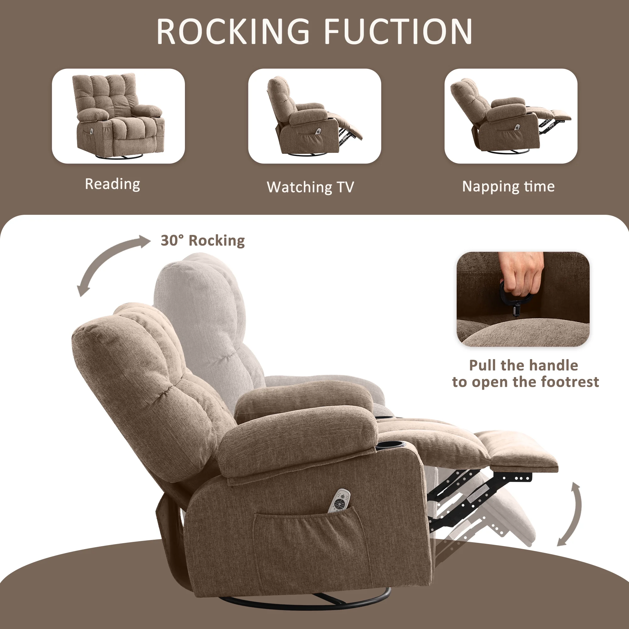 JONPONY Manual Recliner Chair with Heat Therapy and Massage Function, Heavy Duty Reclining Mechanism Massage Chair, Elderly Single Rocker Sofa with Cup Holders for Bedroom Home Theater, Grey