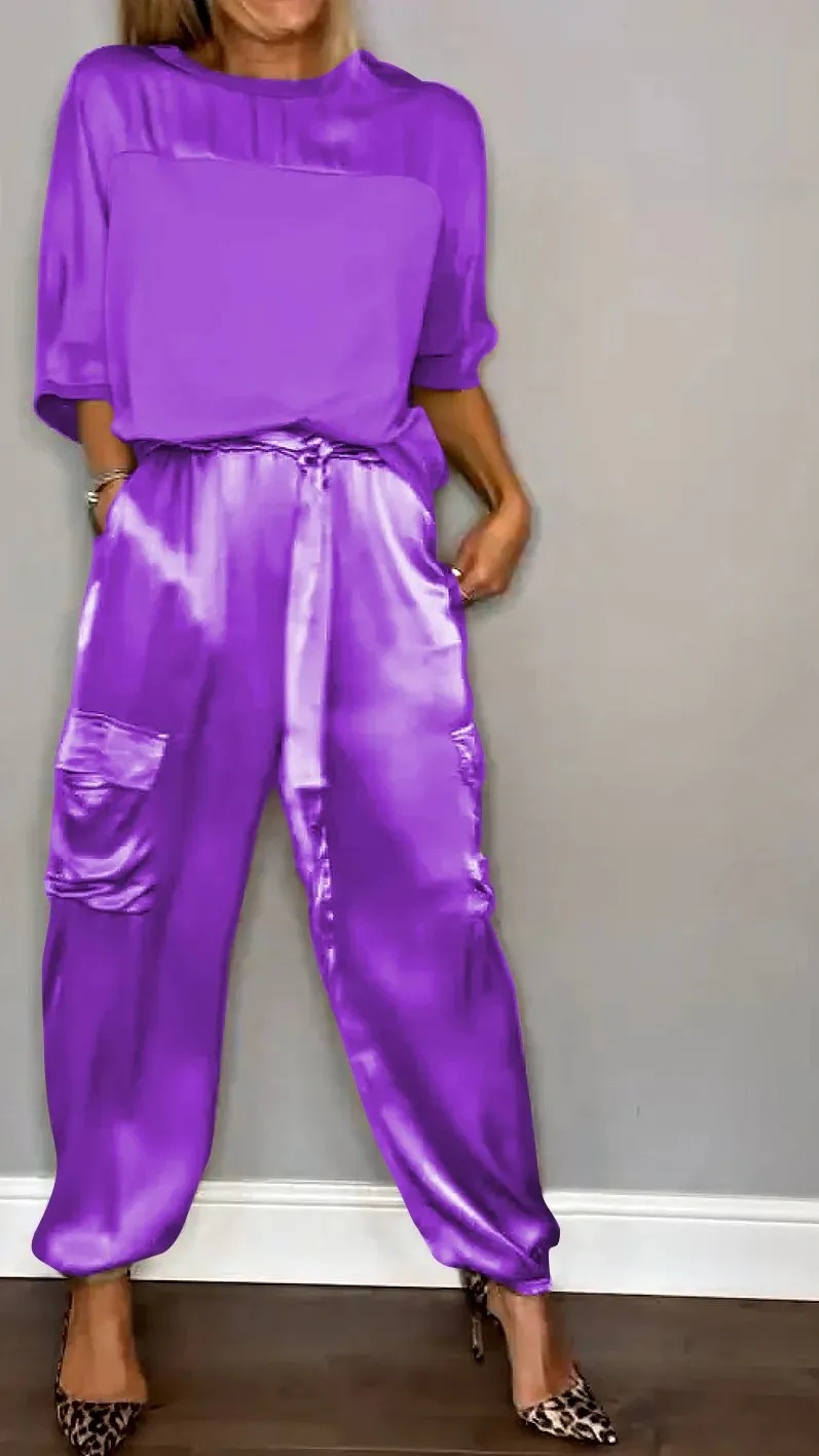 Women's Silky Loose-Fit Top and Pants Two-Piece Set - Nordfashionstorm - Women's Clothing, Fashion for You - Nordfashionstorm.com