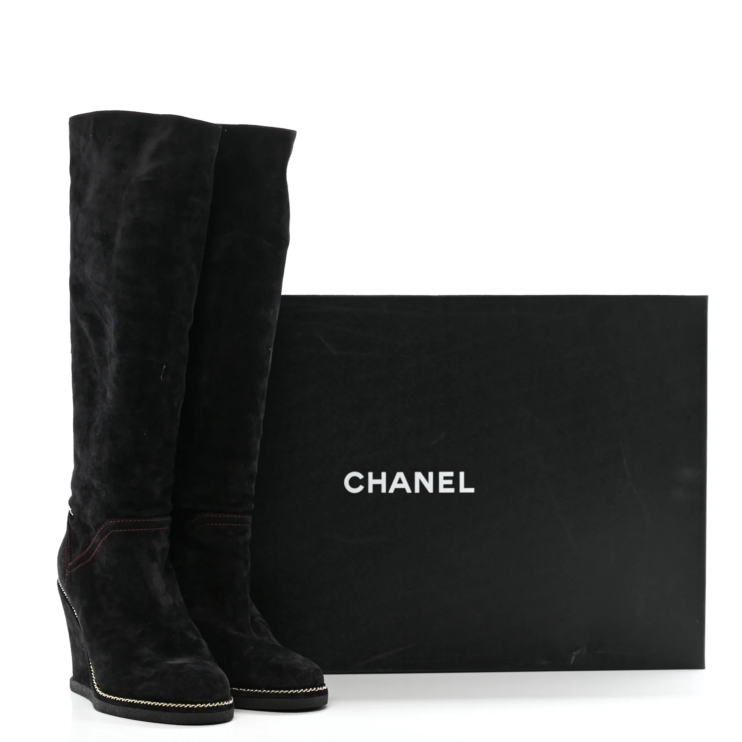 Suede Calfskin Chain Around High Boots 41 Black - Top Club