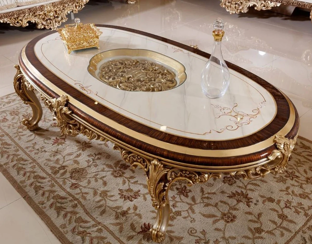 Luxury baroque coffee table white / brown / gold - magnificent living room table with glass top - baroque living room furniture - noble & magnificent