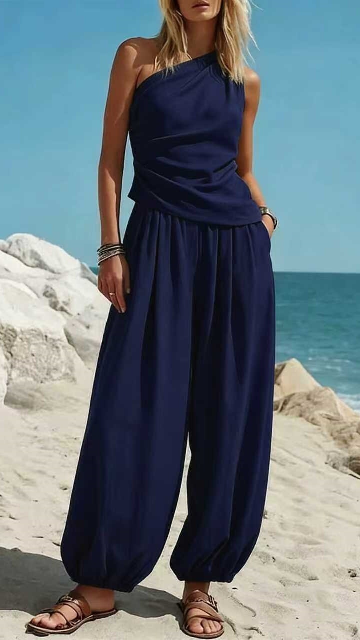 Women's Sleeveless Vest and Loose High-Waisted Trousers Two-Piece Set - Nordfashionstorm - Women's Clothing, Fashion for You - Nordfashionstorm.com