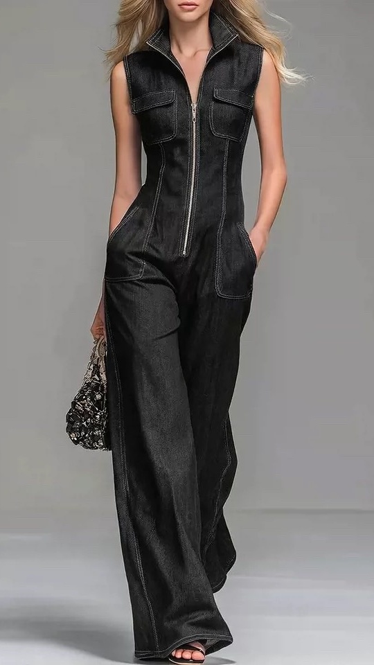 Women's Faux-Denim Retro Stand-Collar Sleeveless Zip-Front Jumpsuit - Nordfashionstorm - Women's Clothing, Fashion for You - Nordfashionstorm.com