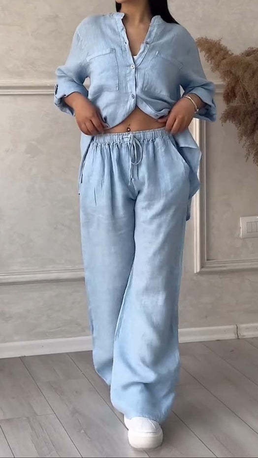 Women's Casual Cotton-Linen Solid-Color Shirt & Drawstring Wide-Leg Pants Two-Piece Set - Nordfashionstorm - Women's Clothing, Fashion for You - Nordfashionstorm.com
