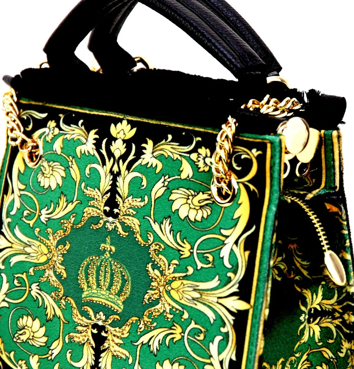 Pompöös by Luxus women's handbag Baroque Flowers with crown and rhinestones green / black / gold 25 x H. 20 cm - designed by Harald Glööckler