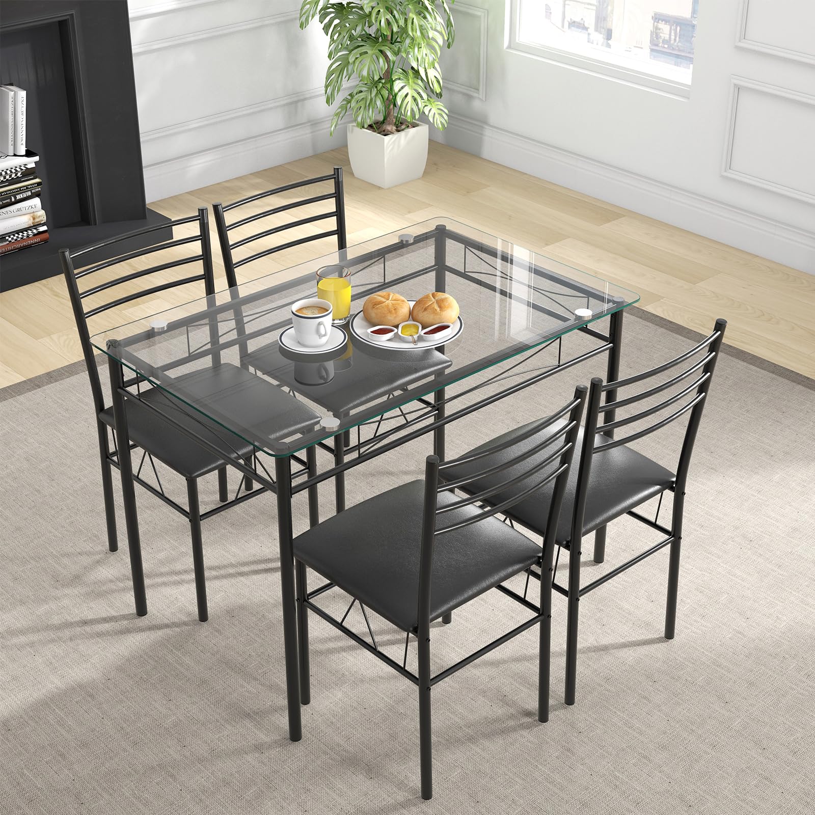 BEFOUNDLOVELY 5 Piece Dining Table Set with Tempered Glass Table Top and 4 Upholstered Chairs