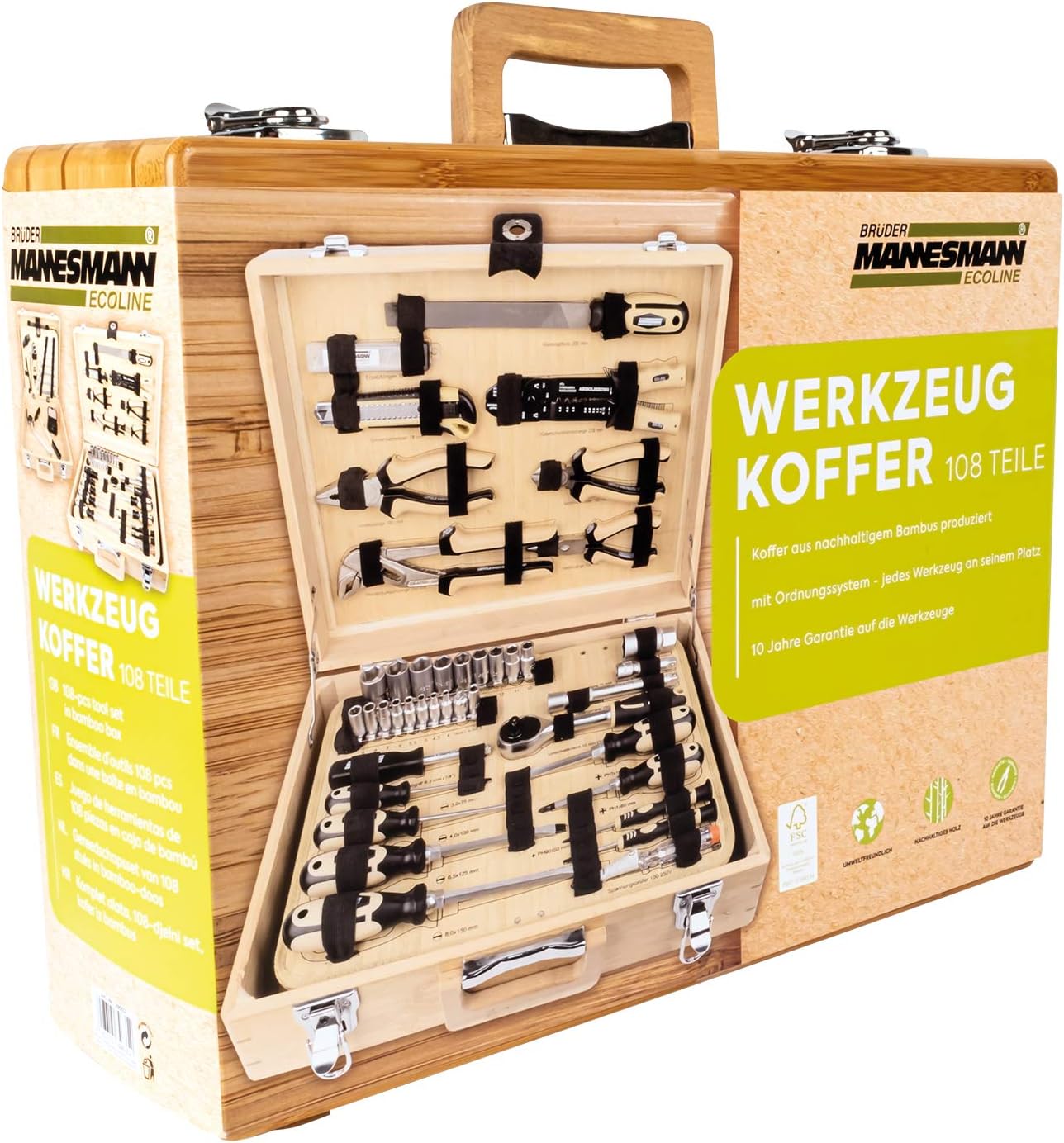 Brüder Mannesmann Werkzeuge M29002 - Maletín de herramientas (108 piezas, bambú)