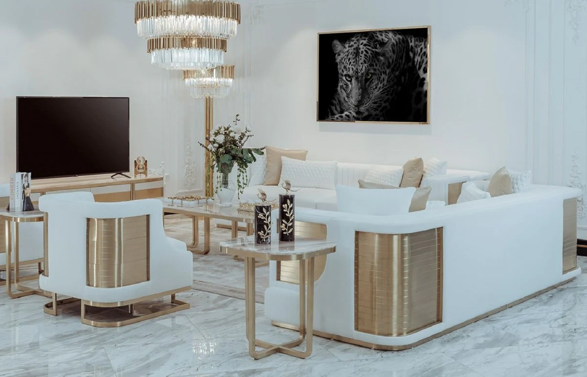 Luxury sofa white / gold 290 x 98 x H. 72 cm - living room sofa - hotel sofa - living room furniture - living room furniture - hotel furniture - luxury furniture - luxury furniture