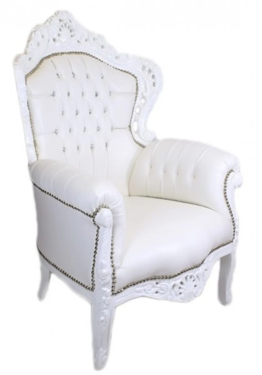 Baroque armchair King white leather look with bling bling glitter stones - luxury baroque furniture