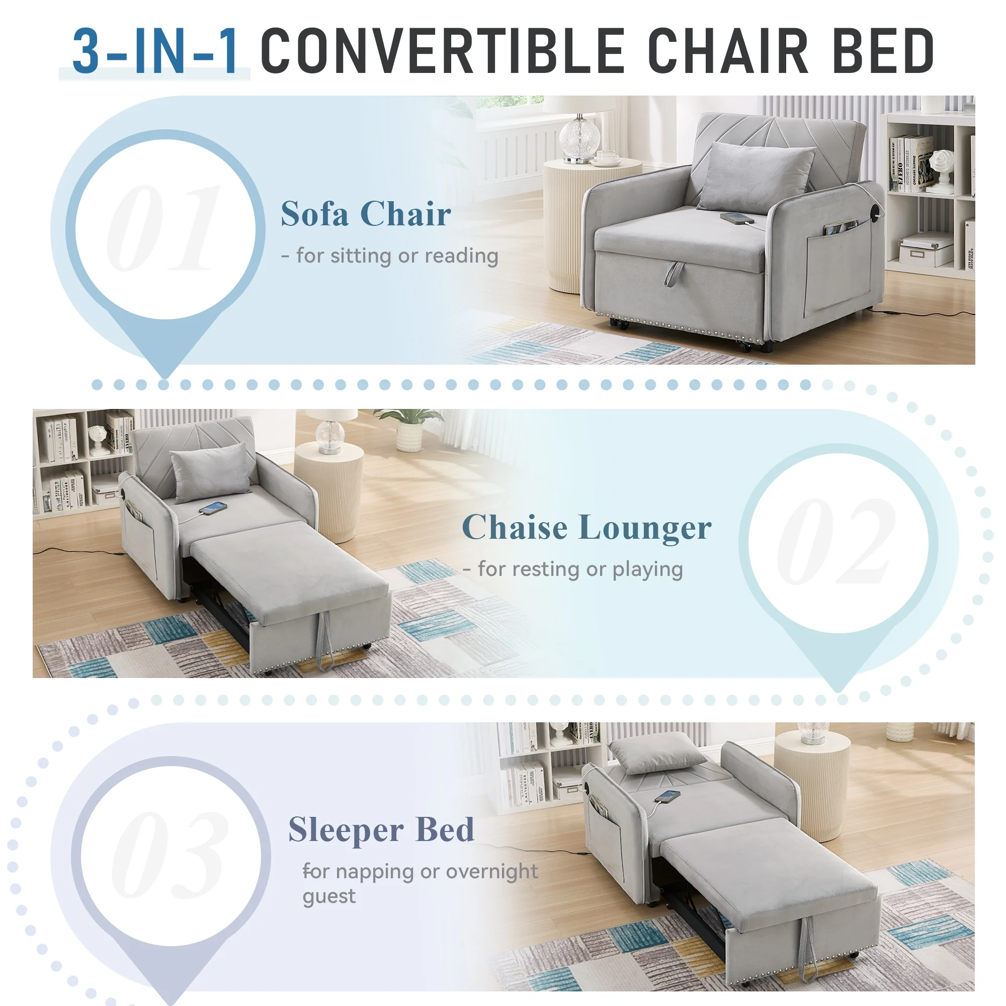 Lunale 3 - in - 1 Convertible Sleeper Chair Bed, Indoor Lounge Chair with USB/Type - C Charging Ports, Modern Recliner Sofa for Living Room, Gray Velvet
