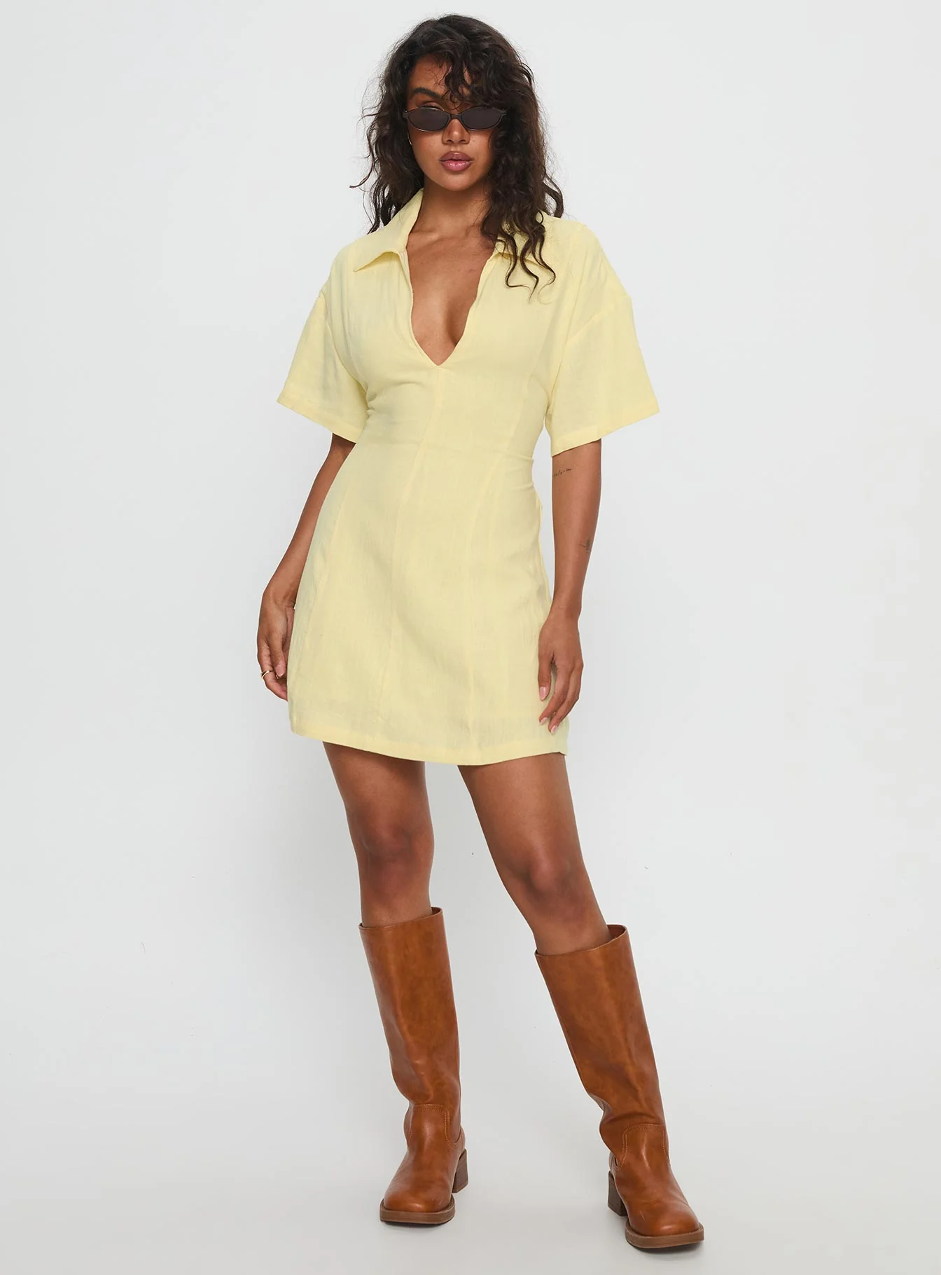Wylla V Neck Linen Mini Dress Yellow