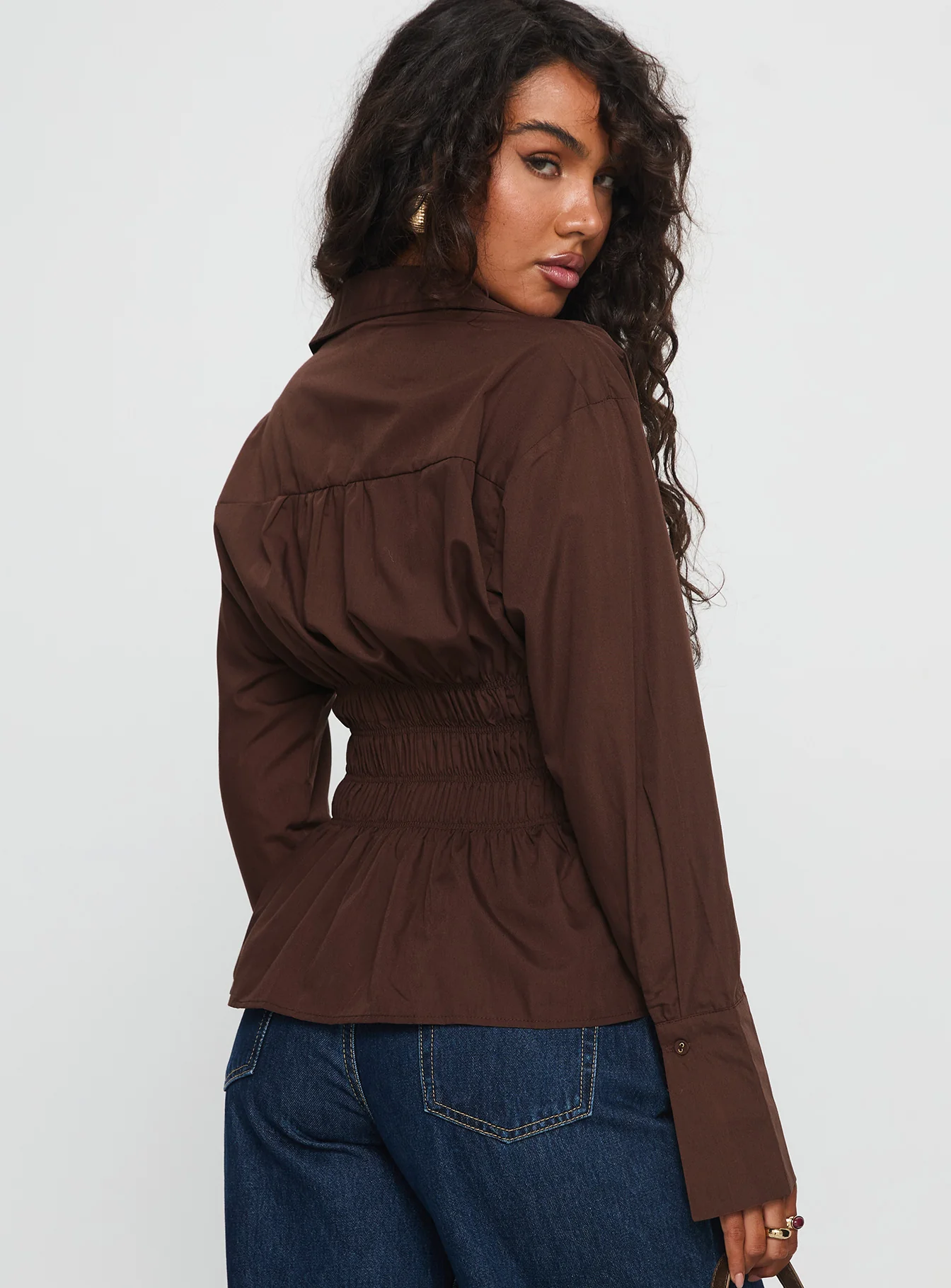 As You Are Shirred Button Up Top Chocolate