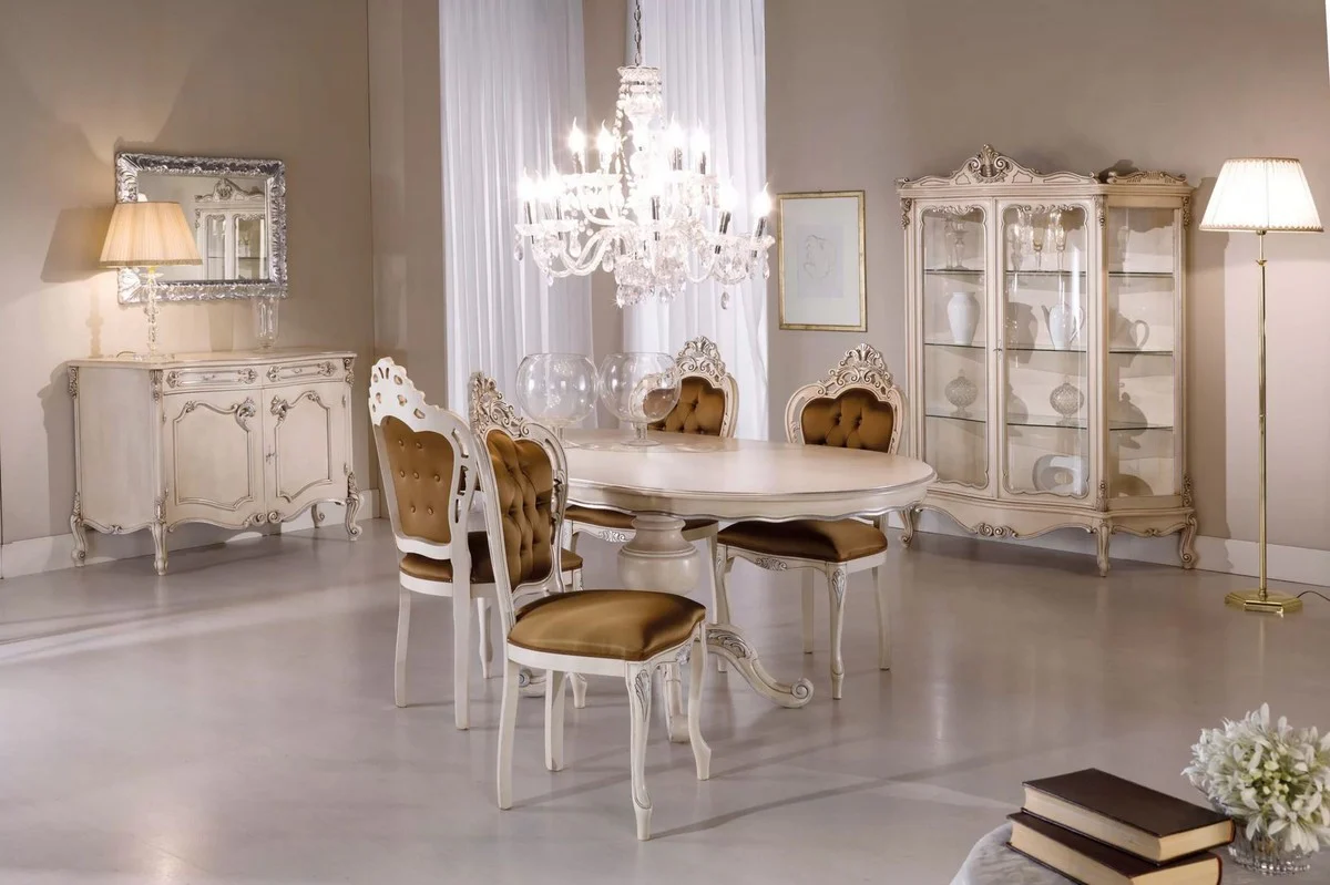 Luxury Baroque Dining Room Set Brown / Cream / Silver - 1 Baroque Dining Table & 6 Baroque Dining Chairs - Dining Room Furniture in Baroque Style - Luxury Quality - Made in Italy