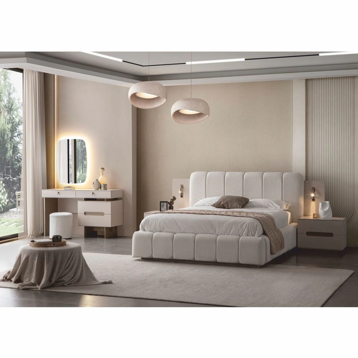 Luxury bedroom set white / gray - 1 double bed & 2 bedside tables