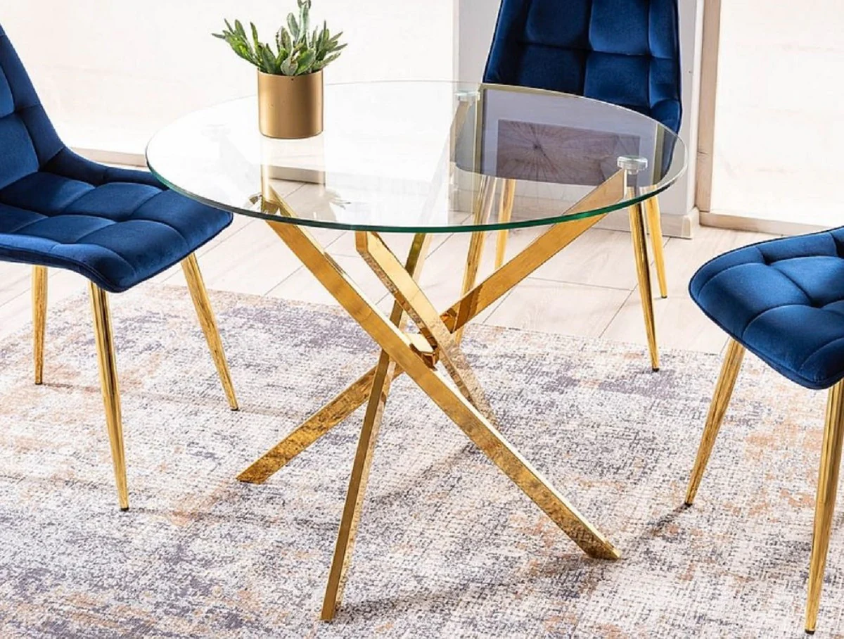 Luxury dining table gold Ø 90 x H. 71 cm - Round dining room table with tempered glass top - Dining room furniture - Kitchen furniture