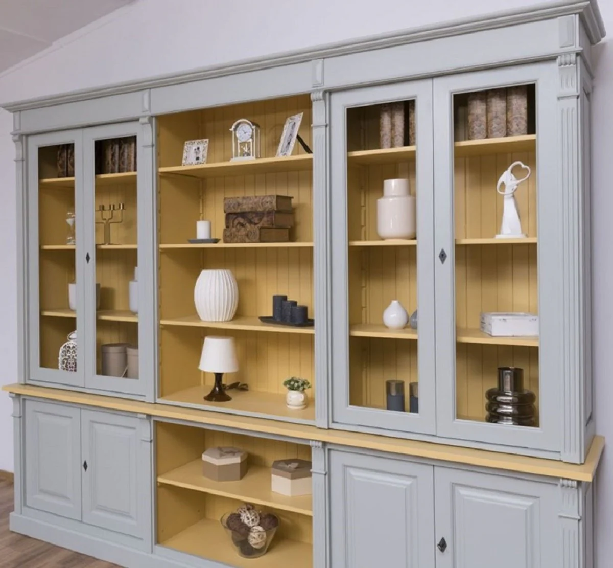 Country house style living room cabinet gray / yellow 286 x 51 x H. 228 cm - solid wood cabinet - bookcase - shelf cabinet - country house style furniture