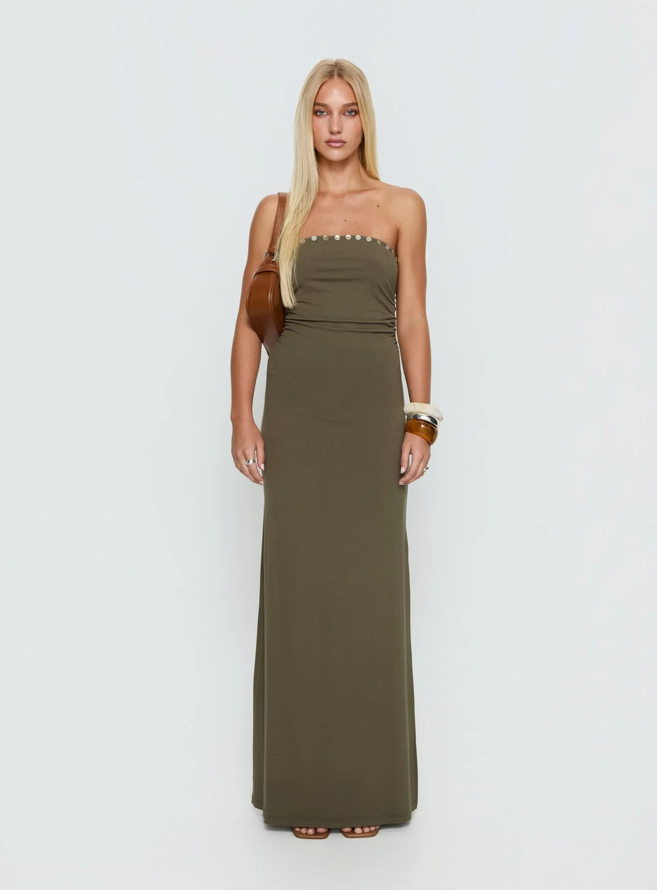 Erita Strapless Maxi Dress Kahki