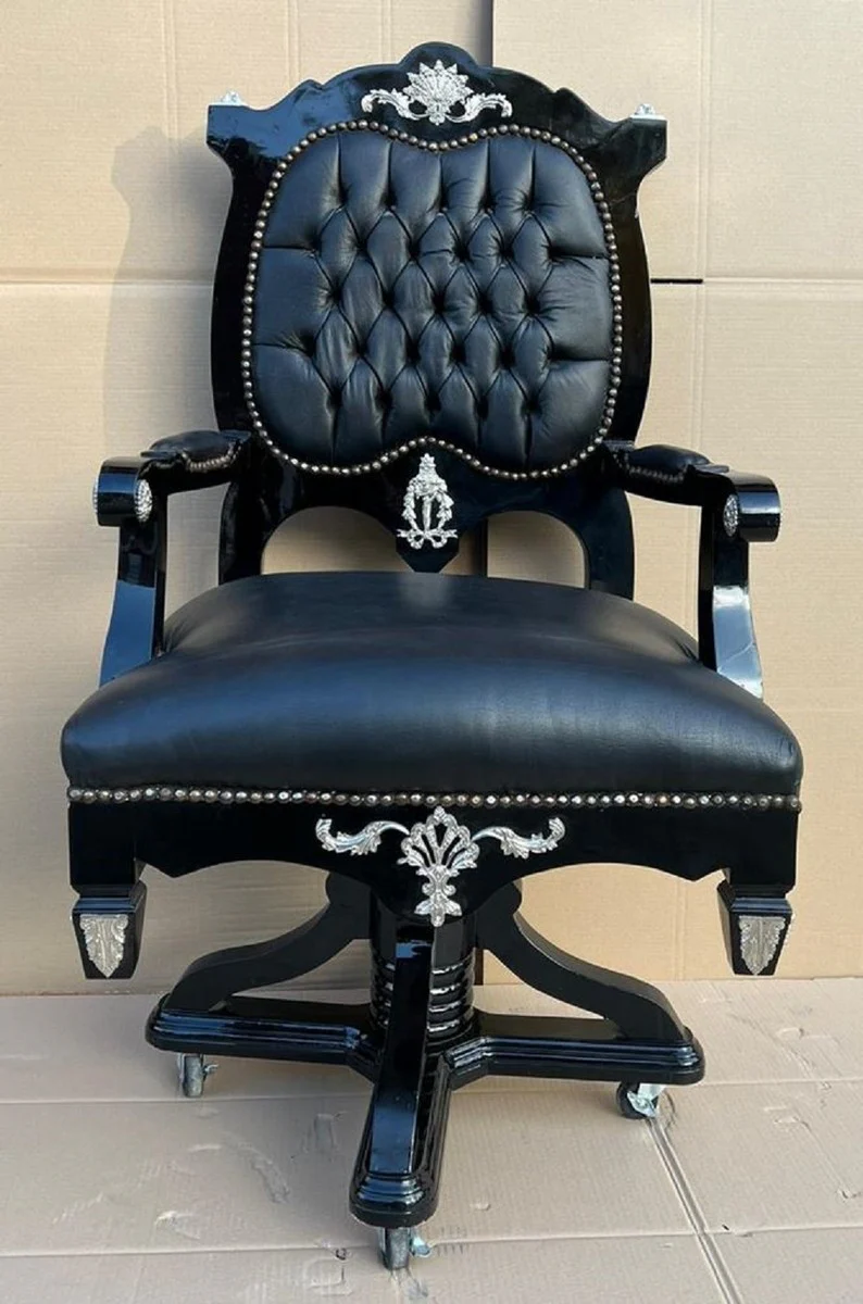 Baroque desk chair black / silver - height-adjustable baroque style office chair with elegant faux leather - baroque office furniture - noble and magnificent