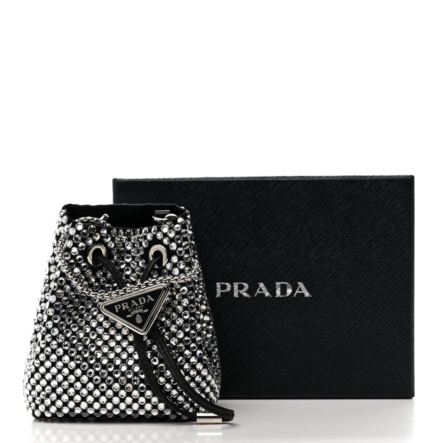 Satin Crystal Metal Triangle Logo Mini Drawcord Pouch Shoulder Bag Cristal - Top Club