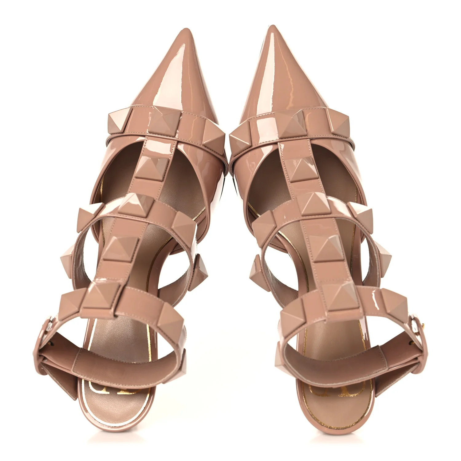 Patent Enamel Monochrome Roman Stud Ankle Strap 80mm Pumps 37 Rose Cannelle