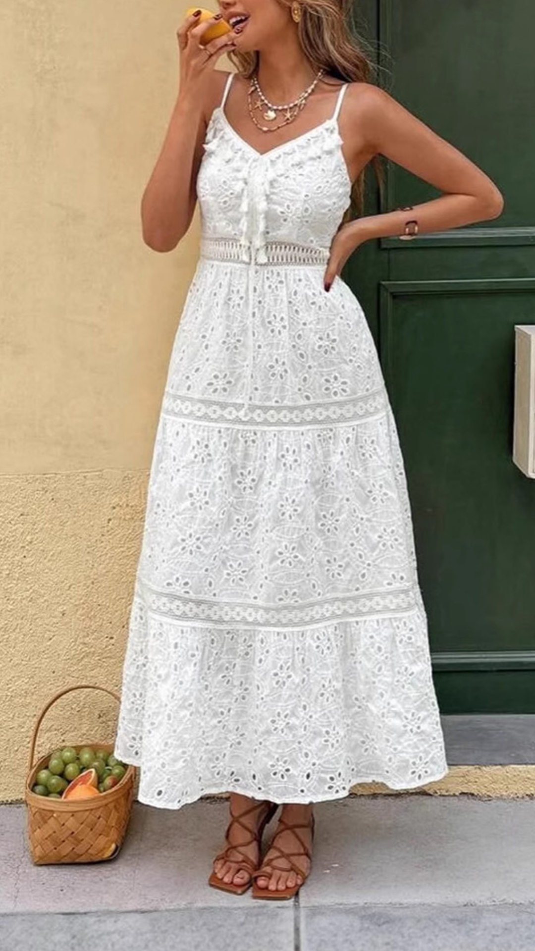 Women's Cotton‑blend V‑neck Hollow Lace Drawstring‑waist Slip Midi Dress - Nordfashionstorm - Women's Clothing, Fashion for You - Nordfashionstorm.com