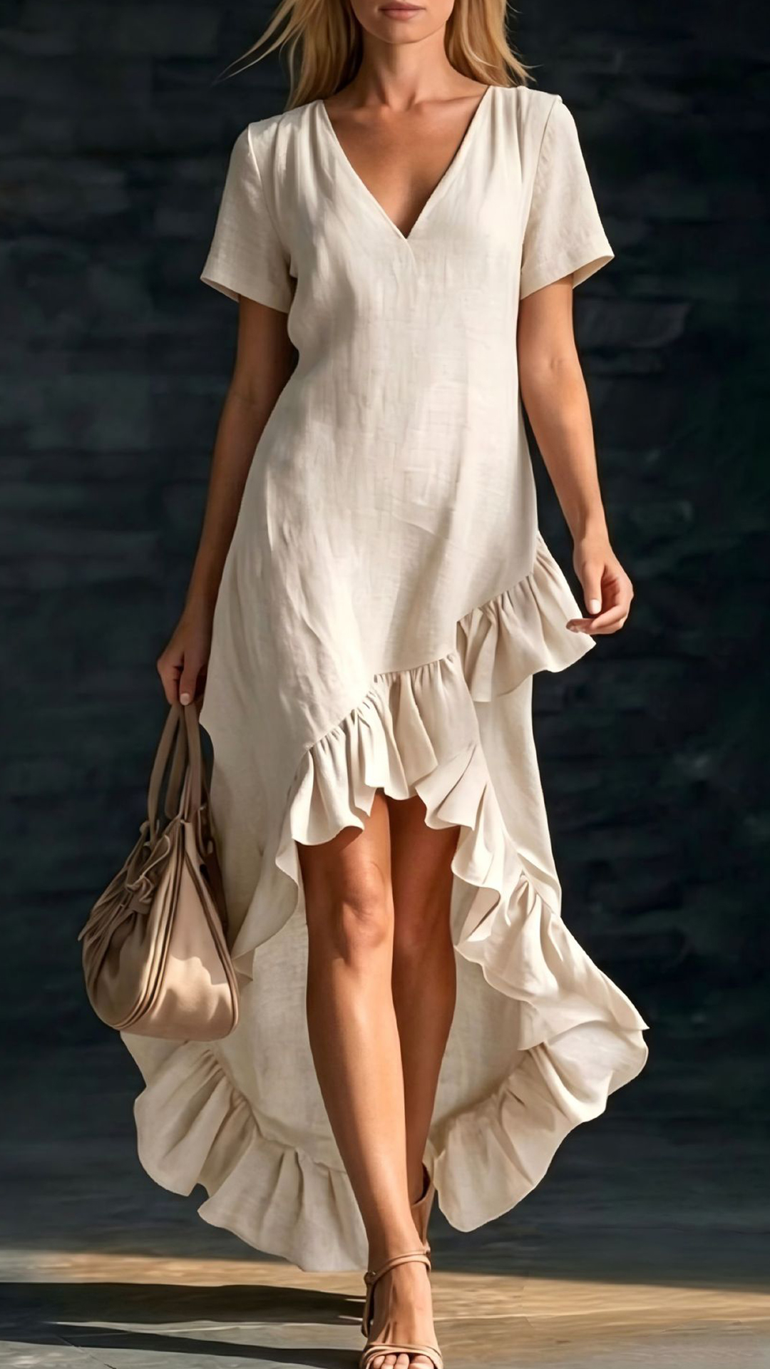 Women's Cotton-Blend Ruffled V-Neck Dress - Nordfashionstorm - Women's Clothing, Fashion for You - Nordfashionstorm.com