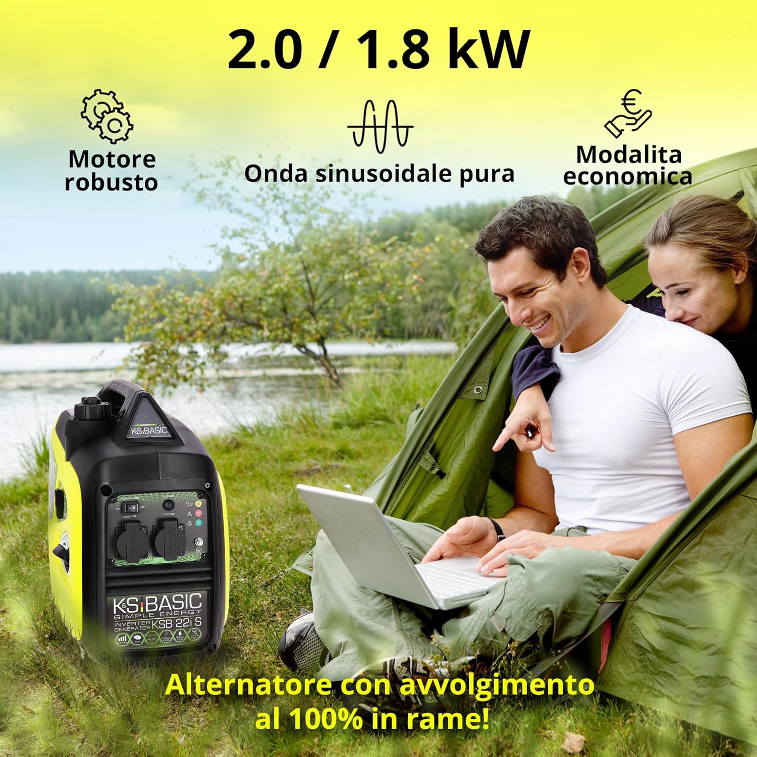 K&S BASIC Generatore inverter 2000 W 4 Tempi Portatile Benzina Silenzioso per Campeggio Camper Pesca Caravan con Modalità Eco, 2x230 V Prese, Rame, Compatto Silenzioso Leggero, KSB 22i S