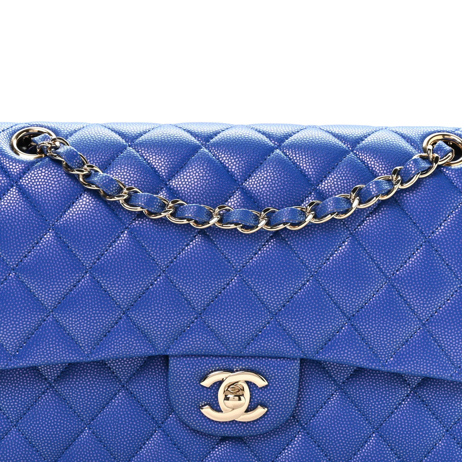 Iridescent Caviar Quilted Medium Double Flap Blue - Top Club