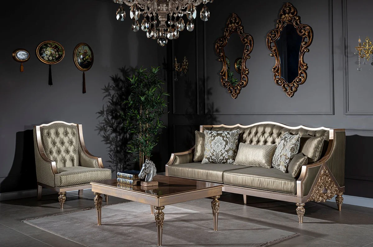 Luxury baroque coffee table brown / silver / copper / gold 115 x 80 x H. 45 cm - solid wood living room table with glass top - baroque living room furniture
