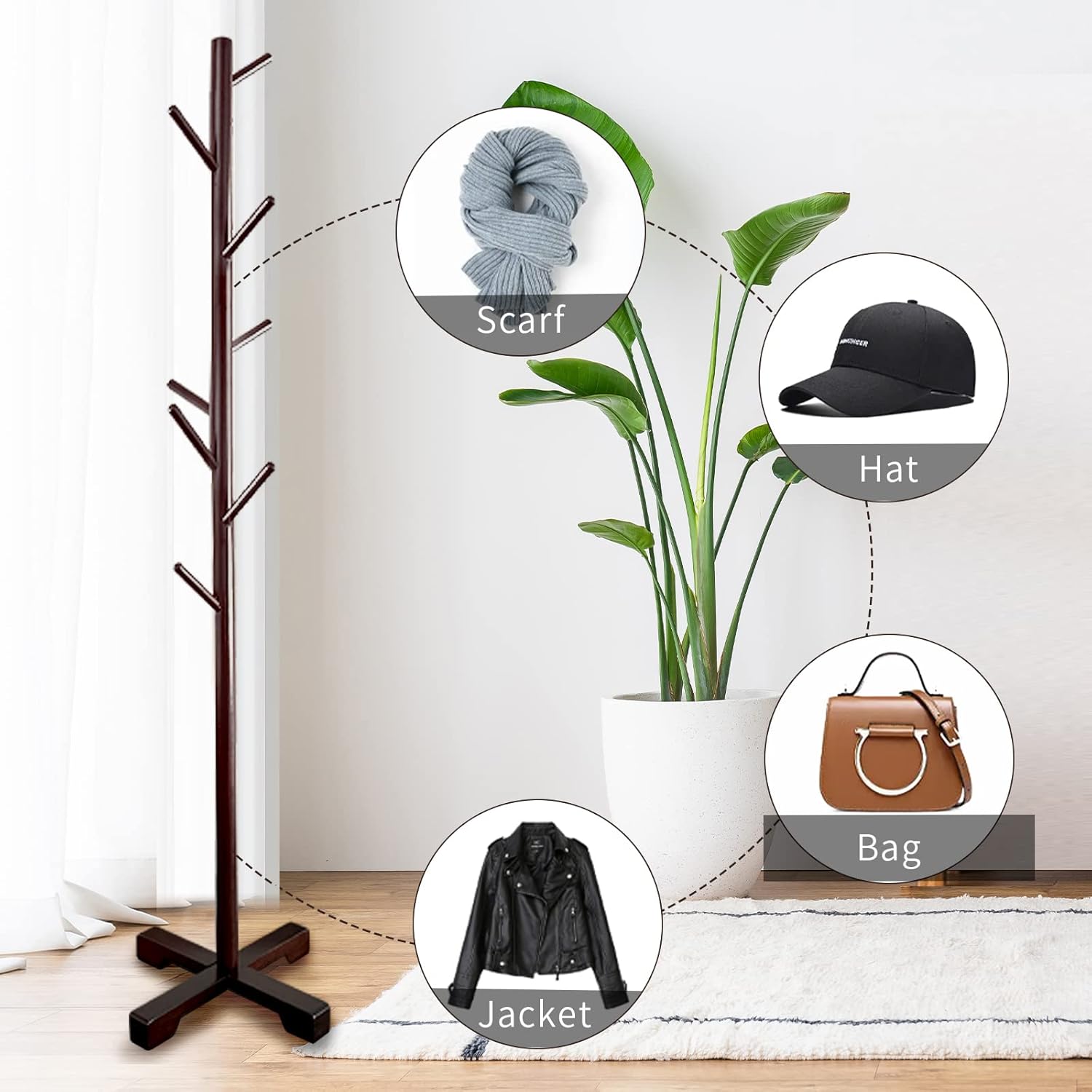 Wooden Coat Rack Stand With 8 Hooks Hall Tree Bamboo Coat Hanger Freestanding Entryway,Hallway, Bedroom, Office for Clothes, Jacket, Scarves (Brown)