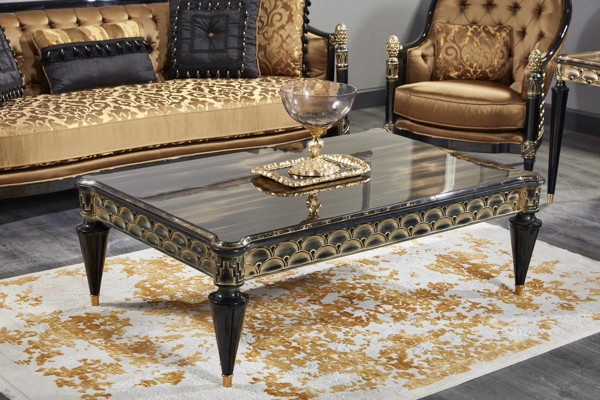 Luxury Baroque Living Room Set Gold / Black - 1 Sofa & 2 Armchairs & 1 Coffee Table & 1 Side Table - Magnificent Baroque Furniture - Luxury Quality