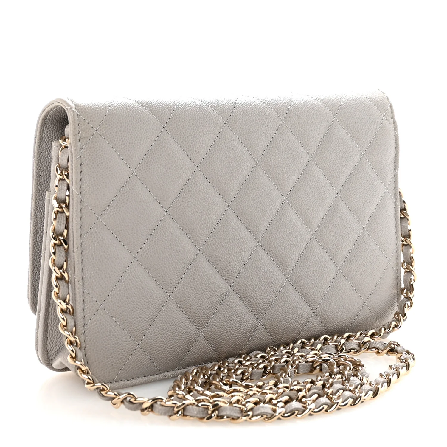 Caviar Quilted Studded CC Wallet On Chain WOC Grey - Top Club
