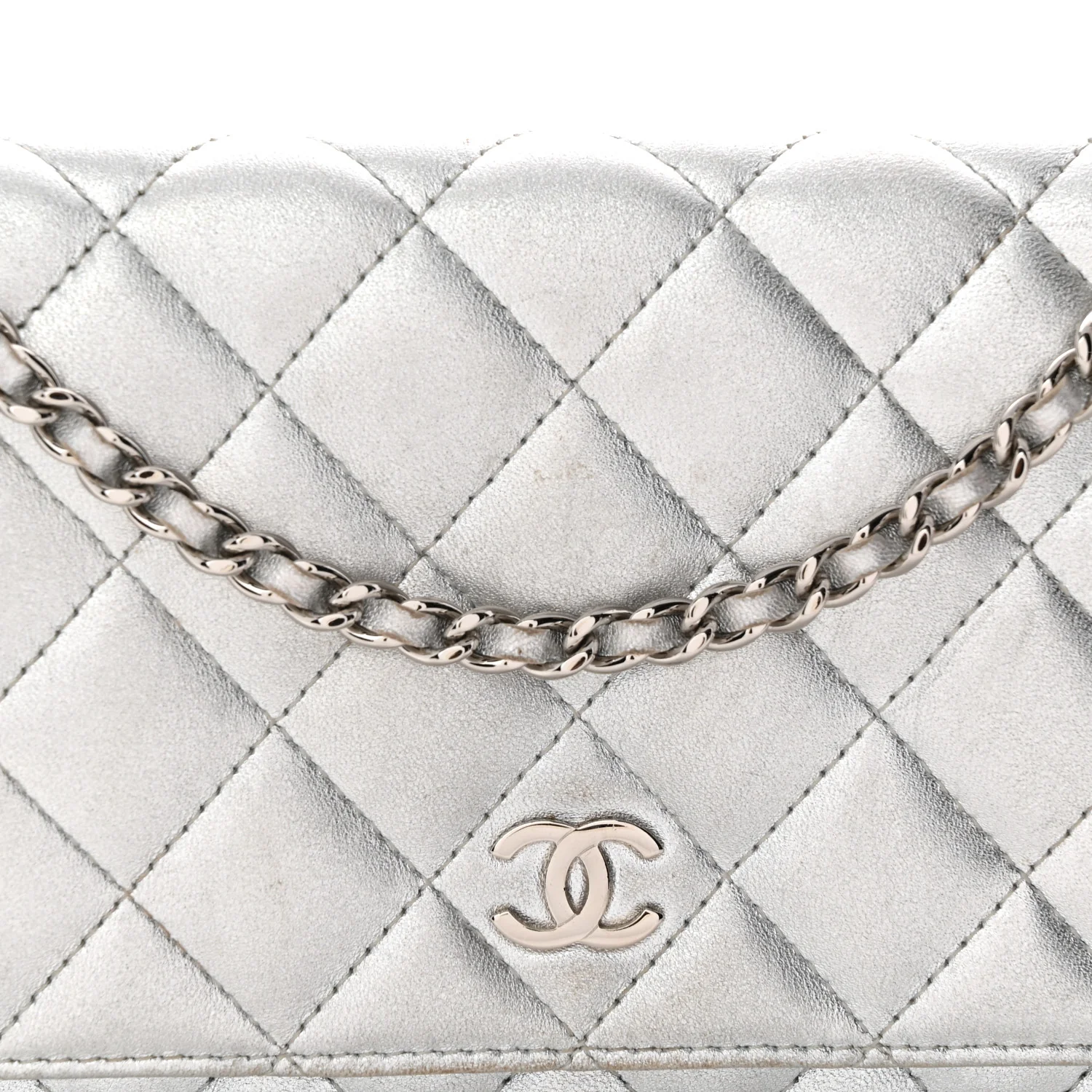 Metallic Lambskin Quilted Wallet On Chain WOC Silver - Top Club